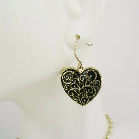 Joan Rivers Necklace Earring Set Etched Hearts Gold & Black NIB 18" Perfect - Picture 2 of 7